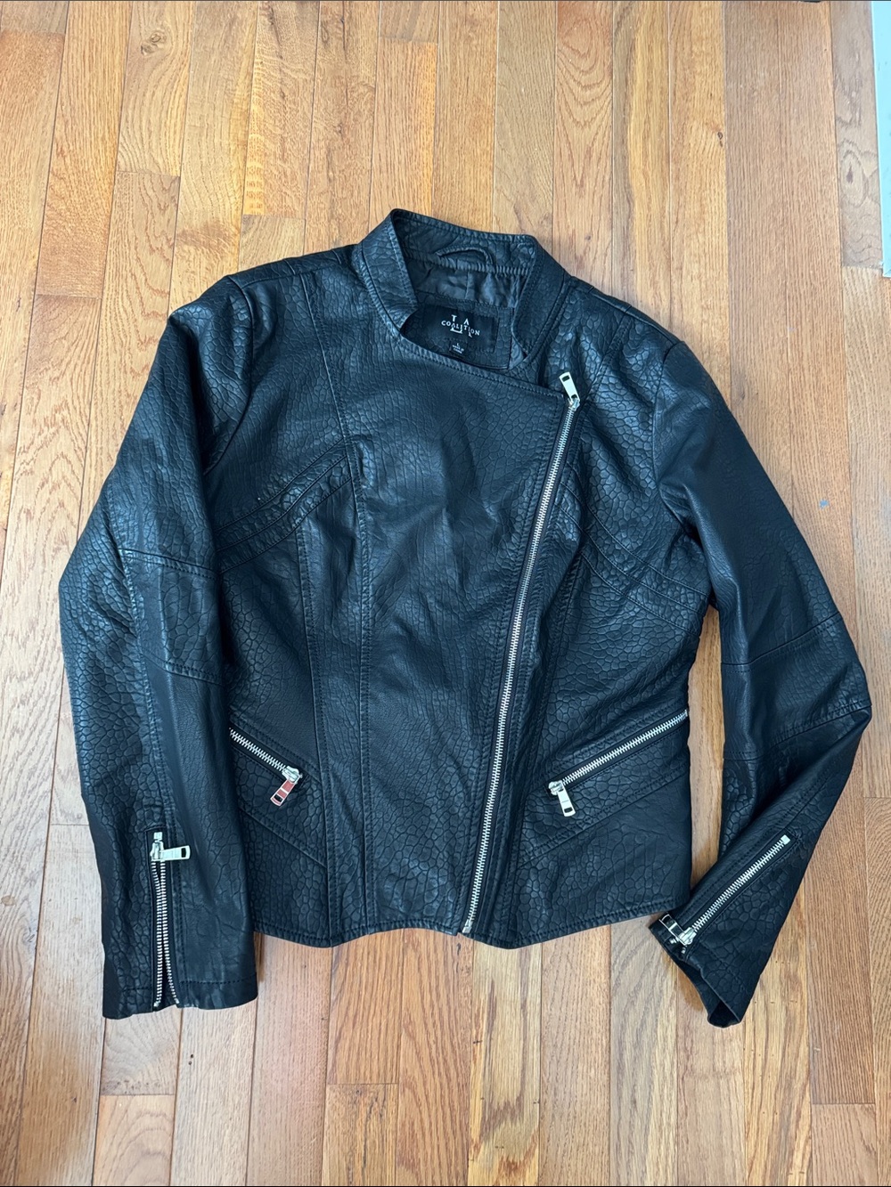 LA Coalition Black Textured Faux Leather Asymmetrical Zip Jacket